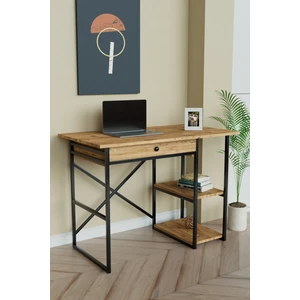Çekmeceli ve 2 Raflı Çalışma Masası 110X60 cm Siyah Metal - Ahşap