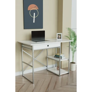 Çekmeceli ve 2 Raflı Çalışma Masası 110X60 cm Gümüş Metal - Beyaz