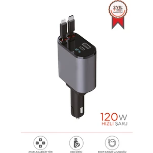 G16 120W Süper Hızlı Şarjlı Transmitter Araç Şarj Cihazı – Çift Type-C & Lightning Kablo, Dijital Göstergeli, 80CM Kablo