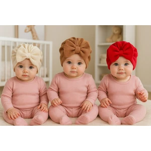 Fiyonklu Çift Kat Bebek Bone 3'lü Set- Krem/kahverengi/fuşya