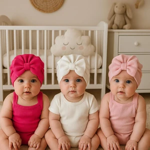 Fiyonklu Çift Kat Bebek Bone 3'lü Set- Pembe/beyaz/fuşya