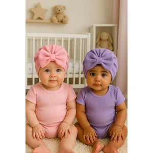 Fiyonklu Çift Kat Bebek Bone 2'li Set- Pembe/mor