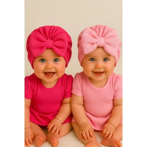 Fiyonklu Çift Kat Bebek Bone 2'li Set- Fuşya/pembe