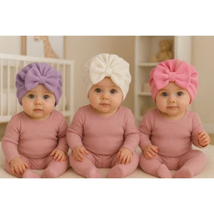 Fiyonklu Çift Kat Bebek Bone 3'lü Set- Mor/beyaz/pembe