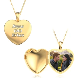 Isimli Fotoğraflı Açılabilir Kalp Altın Kaplama Gümüş Kolye