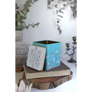 ER024-9F Botanica Blue Desenli Kare Metal Saklama Kabı 12X12 cm