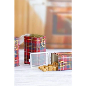 Ekose Desenli Dikdörtgen Plastik Kapaklı Çok Amaçlı Metal Erzak Saklama Kabı 1.2 lt - Kırmızı