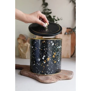 ER147-1H Terrazzo Black Desenli Yuvarlak Metal Saklama Kabı 17.5 cm