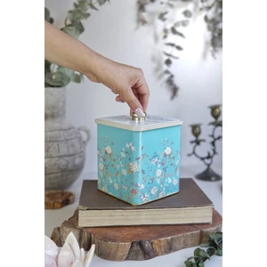 ER023-9F Botanica Blue Desenli Kare Metal Saklama Kabı 12X12 cm