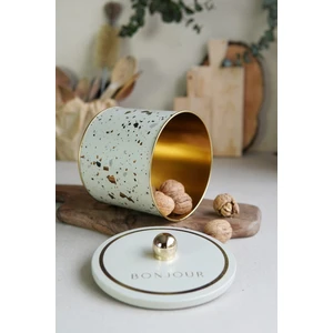 ER142-9G Terrazzo Cream Desenli Yuvarlak Metal Saklama Kabı 14 cm