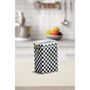 Dama Desenli Dikdörtgen Plastik Kapaklı Çok Amaçlı Metal Erzak Saklama Kabı 1.2 lt - Siyah Beyaz
