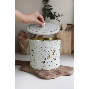 ER146-9G Terrazzo Cream Desenli Yuvarlak Metal Saklama Kabı 17.5 cm