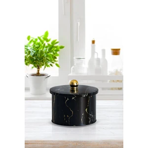 Marble Black Desenli Topuz Kulplu Yuvarlak Metal Kutu, 14 x 10 cm, 1.3 lt