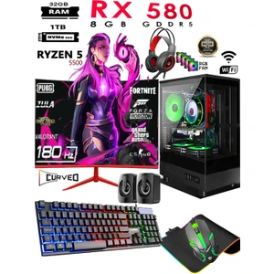 TC81X Ryzen 5 5500 32GB 1tb M.2 Nvme SSD RX580 8gb 24'' 180hz Curved Oyuncu Masaüstü Bilgisayarı