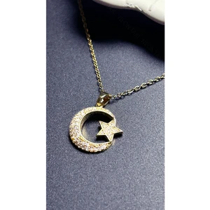 Ne10 Takı Zirkon Taşlı, Ay Yıldızlı, Paslanmaz Çelik Kolye 401, Altın Renk