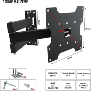 Tüm Markalar ile Uyumlu Televizyon Duvar Asma Aparatı Hareketli Üç Kollu 32 82-102CM