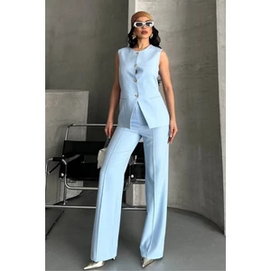 Kadın Ikili Alt Üst Takım Şık Düğme Detaylı Bisiklet Yaka Regular Yelek Pantolon Takım