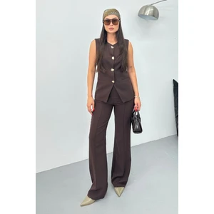 Kadın Ikili Alt Üst Takım Şık Düğme Detaylı Bisiklet Yaka Regular Yelek Pantolon Takım