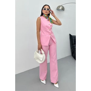 Kadın Ikili Alt Üst Takım Şık Düğme Detaylı Bisiklet Yaka Regular Yelek Pantolon Takım