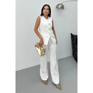 Kadın Ikili Alt Üst Takım Şık Düğme Detaylı Bisiklet Yaka Regular Yelek Pantolon Takım