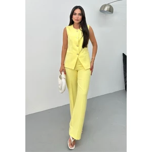 Kadın Ikili Alt Üst Takım Şık Düğme Detaylı Bisiklet Yaka Regular Yelek Pantolon Takım