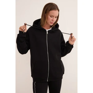 Basic Fermuarlı Kapüşonlu Oversize Sweatshirt