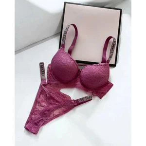 Gold Night Kadın Gül Kurusu Dantelli Taşlı Balenli Destekli Dolgulu Push Up Sütyen Takımı Iç Çamaşırı Takımı