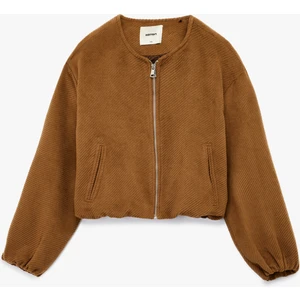 Uzun Kollu Fermuarlı Bisiklet Yaka Kadife Crop Bomber Ceket