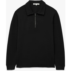 Uzun Kollu Basic Dokulu Yarım Fermuarlı Polo Yaka Sweatshirt