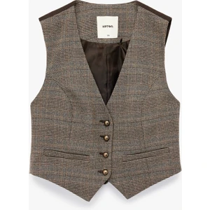 Slim Fit Düğmeli V Yaka Crop Ekose Blazer Yelek