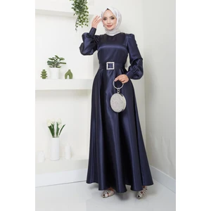 Kadın Giyim Abiye Moda Kemeri Taşlı Uzun Tesettür Saten Abiye Elbise 2753