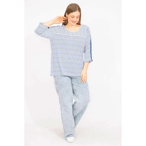 Kadın Saks Büyük Beden Pamuklu Kumaş Çizgi Kombinli Bluz 65N35572