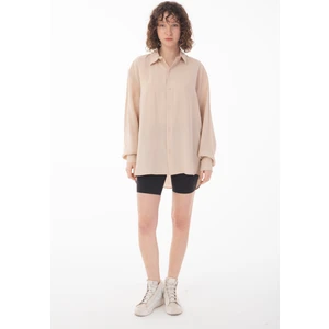 R-3575 Apaş Yaka Uzun Kollu Aerobin Kumaş Oversize Gömlek