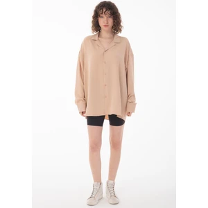 R-3575 Apaş Yaka Uzun Kollu Aerobin Kumaş Oversize Gömlek