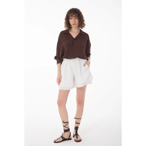 R-3575 Apaş Yaka Uzun Kollu Aerobin Kumaş Oversize Gömlek