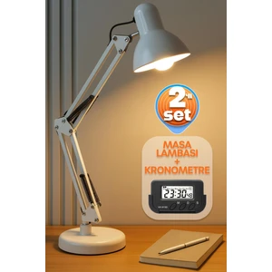 2li Set Masa Lambası + Kronometreli Öğrenci Saati Akrobat Metal 360° Çalışma Masası Lambası Beyaz
