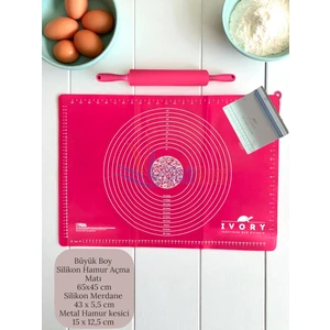 Büyük Boy Silikon Hamur Açma Matı Plastik Saplı Silikon Merdane Metal Hamur Kesme Aparatı
