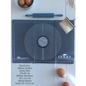 Büyük Boy Silikon Hamur Açma Matı Plastik Saplı Silikon Merdane Metal Hamur Kesme Aparatı