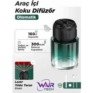Şarjlı Araç Içi Parfüm Difüzörü Kokulu Hava Nemlendirici Humudifier Yıldız Tavan Lazer
