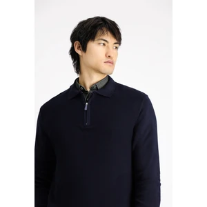 Polo Yaka Regular Fit Fermuarlı Desenli Pamuklu Triko Kazak