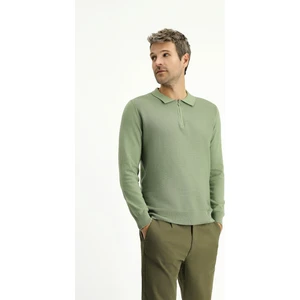 Polo Yaka Regular Fit Fermuarlı Desenli Pamuklu Triko Kazak