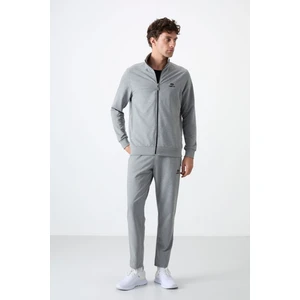 Tommy Life Gri Melanj Erkek Dik Yaka Fermuarlı Slim Fit Klasik Paça Eşofman Takımı-85072