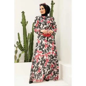 Neva Style - Desenli Kırmızı Tesettür Elbise 2925K