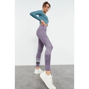 Tommy Life Eflatun Yüksek Bel Yazı Baskılı Slim Fit Dar Paça Kadın Tayt - 94544