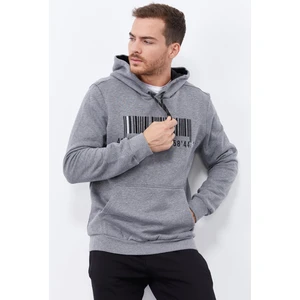 Tommy Life Gri Melanj Nakışlı Kanguru Cep Standart Kalıp Kapüşonlu Erkek Sweatshirt - 87839