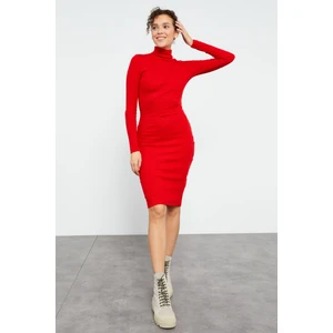 Tommy Life Kırmızı Kaşkorse Triko Dar Kalıp Balıkçı Yaka Kadın Elbise - 97117