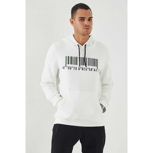 Tommy Life Ekru Nakışlı Kanguru Cep Standart Kalıp Kapüşonlu Erkek Sweatshirt - 87839