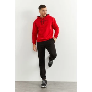 Tommy Life Kırmızı - Siyah Kapüşonlu Kanguru Cep Lastik Paça Erkek Oversize Eşofman Takımı - 85117