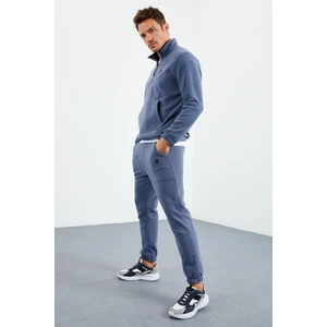 Tommy Life Petrol Yarım Fermuar Dik Yaka Lastik Paça Polar Erkek Eşofman Takımı - 85159