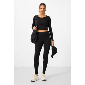 Tommy Life Siyah Yüksek Bel Uzun Kollu Slim Fit Crop Top Kadın Tayt Takım - 95286